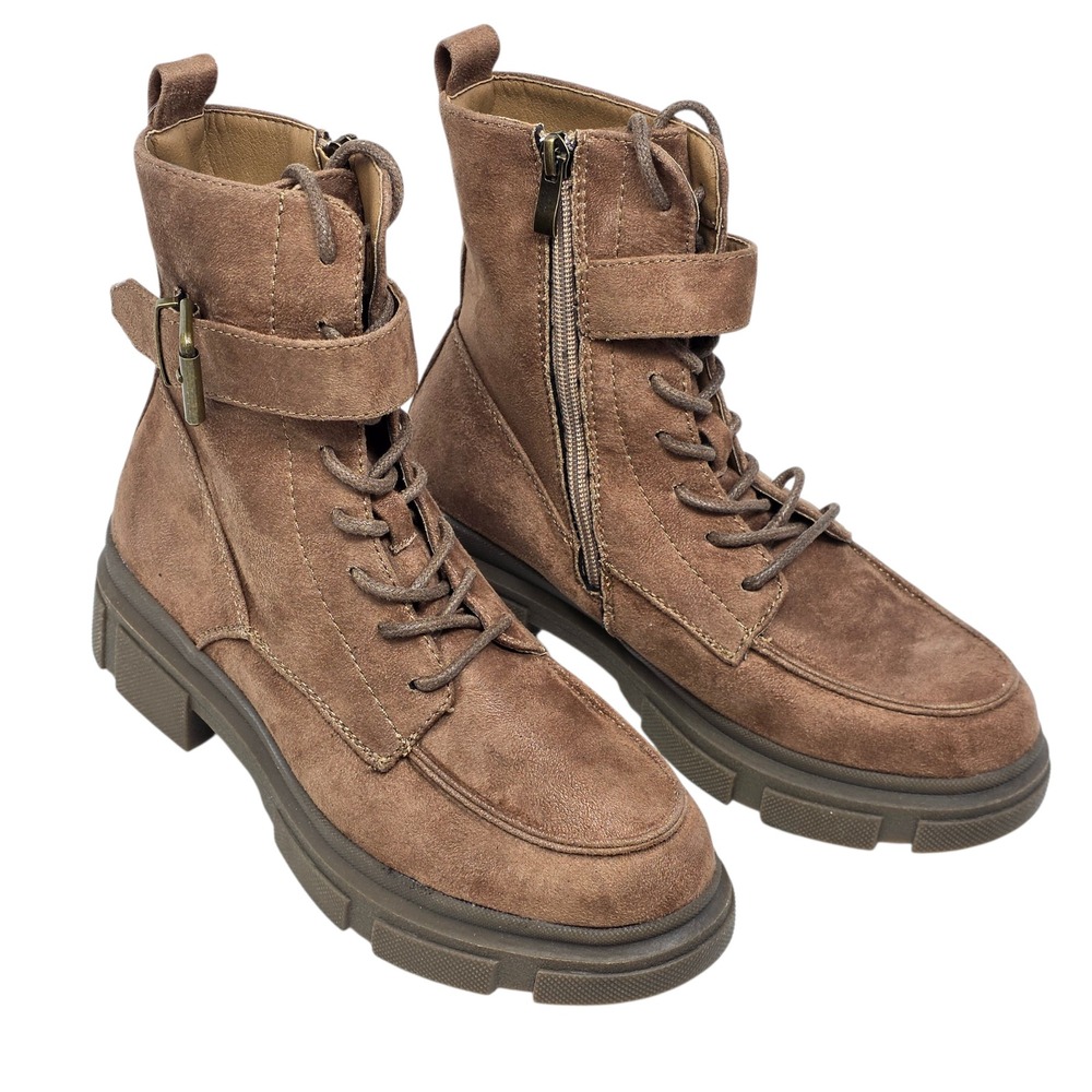INNOVATION Leather Laced Up Booties Taupe Combat Ankle Bootsโ Womens Size 8 - Picture 2 of 9